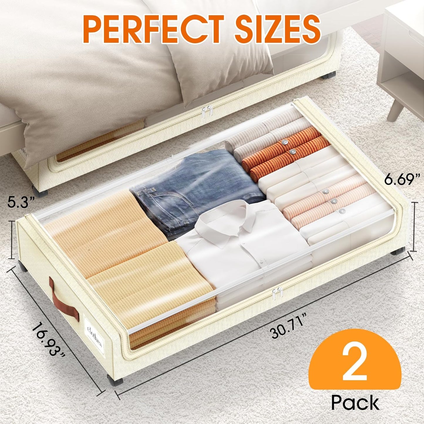 Under Bed Storage with Wheels 2Pack Underbed Storage with Clear Window&Label Under Bed Drawers Large Capacity Rolling Under Bed Storage for Clothes,Shoes, Blankets (Beige)