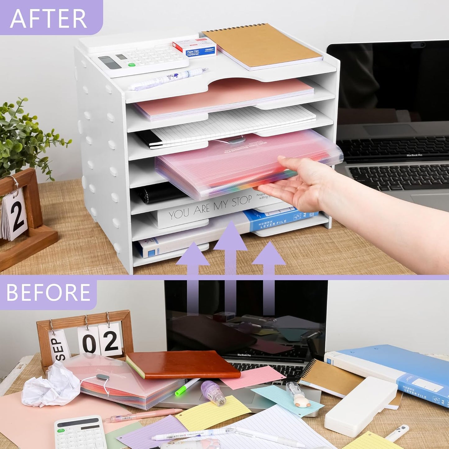 Paper Organizer Storage for Desk, 7 Tier Wide Construction File Organizer Paper Sorter, Desktop Document Storage Holder for Home Office School, White