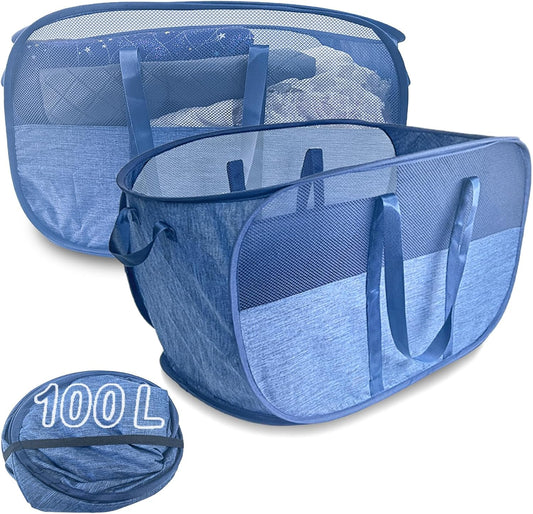 100L Collapsible Laundry Baskets 2 Pack, Extra Large Mesh Pop Up Laundry Hamper, Dirty Clothes Hamper with Reinforced Handles, Folding Hampers for Travel. Dorm or Home Portable Laundry Baskets. Blue