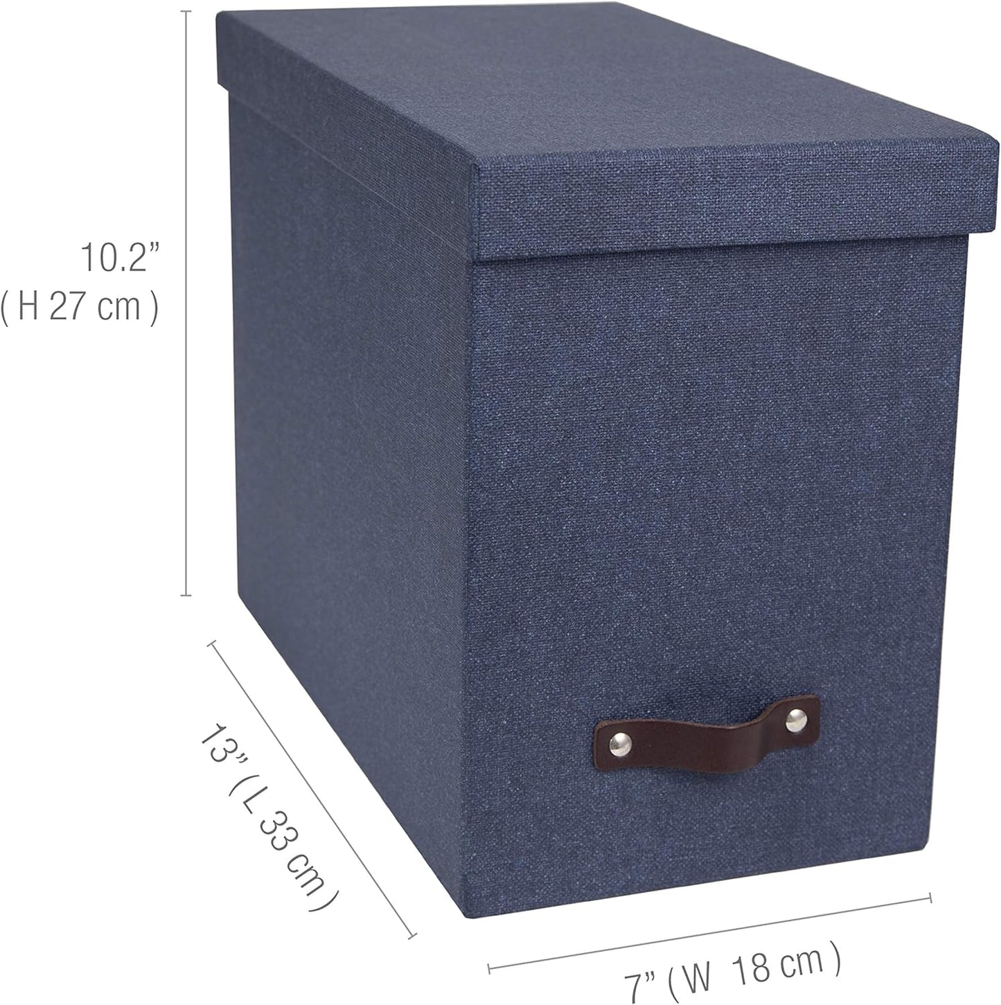 Bigso John Desktop File Box | File Storage Box and Document Organizer for Important Paperwork | Durable Hanging File Box with a Lid and Leather Handle | 7.4’’ x 13’’ x 10.4’’ | Blue