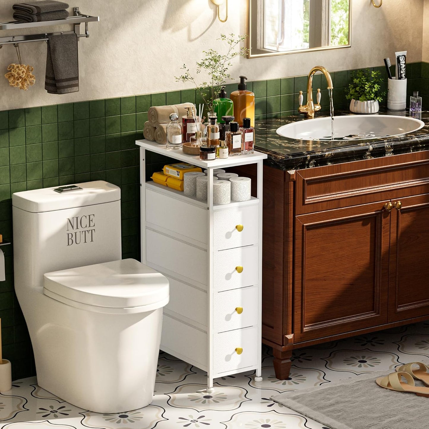 Narrow Dresser for Bedroom, Vertical Chest of Drawers with Shelf & 4 Drawers, Slim Dresser Storage Tower with Wood Top, Sturdy Frame, Leather Faux for Narrow Space, Bathroom&Laundry(White)