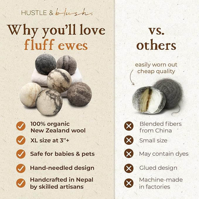 Fluff Ewes Wool Dryer Balls 6 Pack Premium New Zealand Wool Laundry Balls for Dryer, No Static Dryer Balls Laundry Reusable Cute, XL Wool Dryer Balls Cute, Baby Dryer Balls for Dryers - Marble