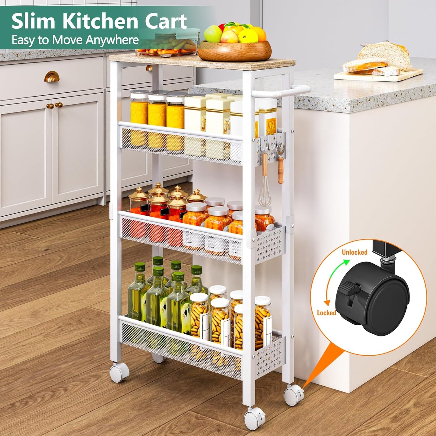 Utility Slim Storage Cart, 4 Tier Small Rolling Kitchen Laundry Room Cart with Wood Top, Metal Bathroom Storage Cabinet Mobile Shelf Unit Organizer Trolley with Handle for Narrow Space