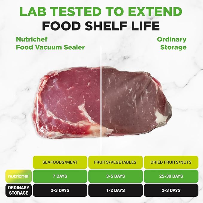 NutriChef Food Vacuum Sealer Machine - Automatic Air Sealing System for Dry & Moist Foods, LED Touch Controls, Includes Vacuum Bags, Hose & Wine Stopper, High Suction Power, 14"x6"x3", Silver