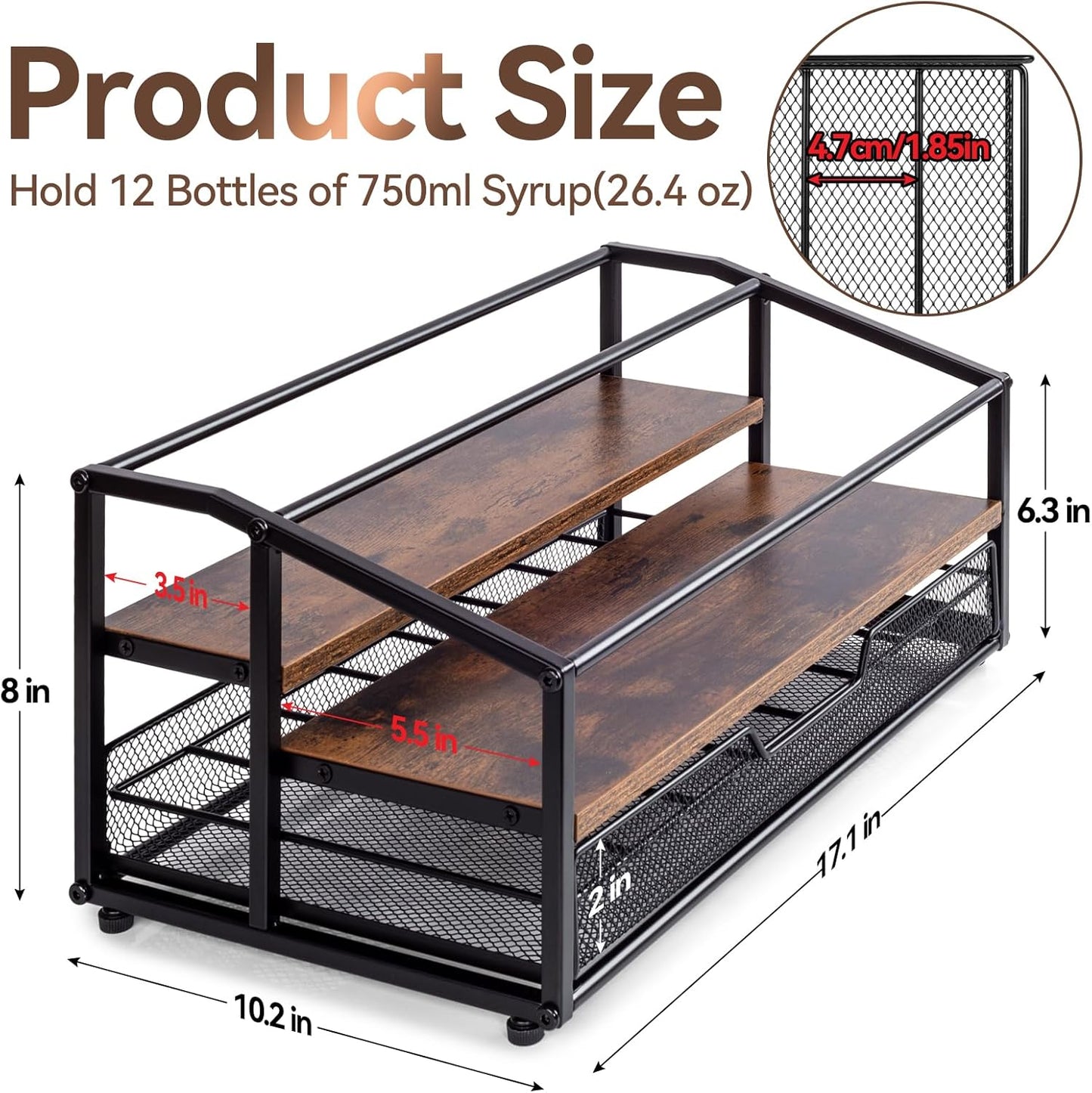 Coffee Syrup Rack Organizer, 3-Tier 10 Bottle Syrup Rack with 35 K Cup Darwer for Coffee Bar, Countertop Bottle Holder Stand for Dressing for Kitchen Cafe Station