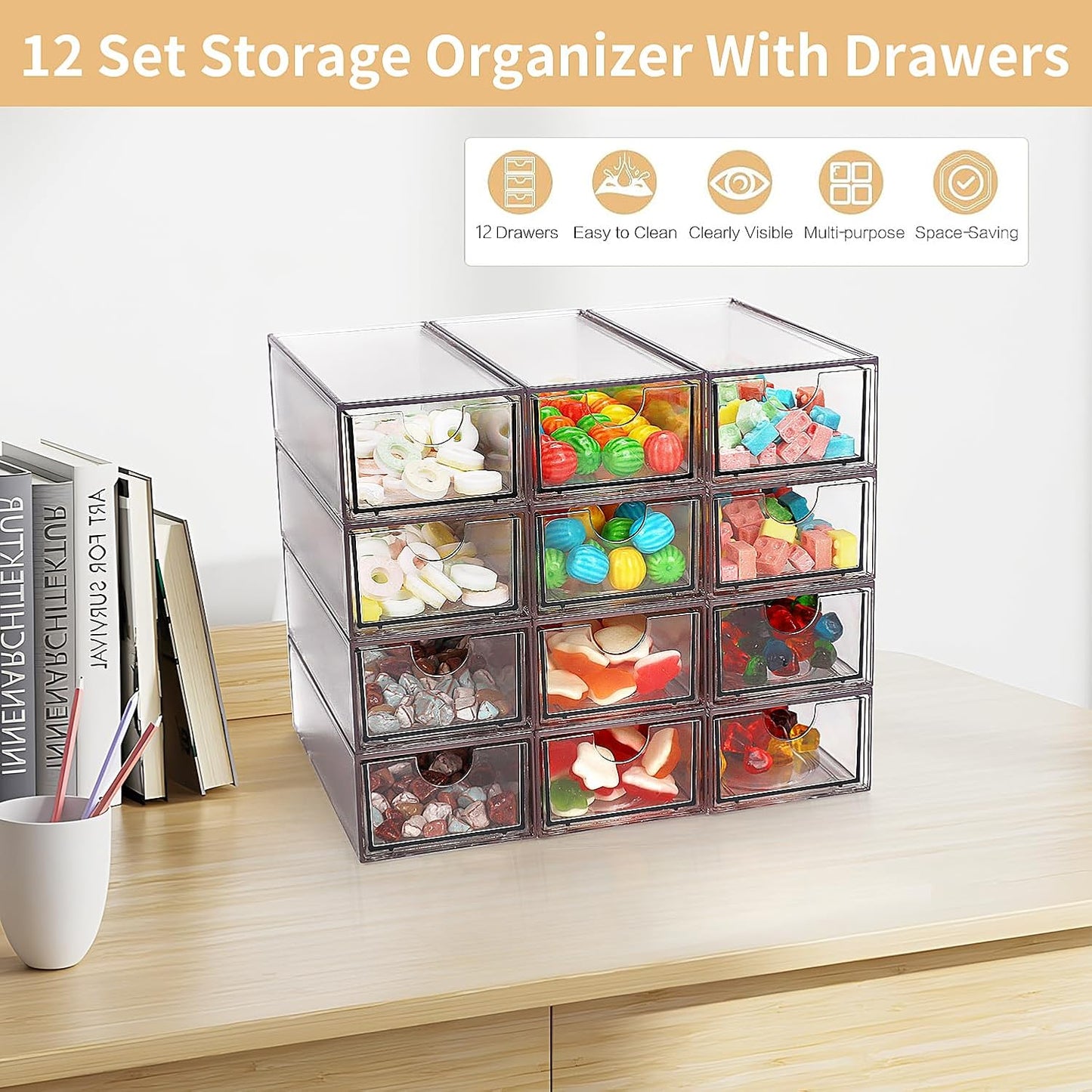 Desk Organizer with Drawers, Stackable Plastic Storage Drawers for Makeup or Desk Organization, Cabinets for Office Dressing Countertop Bathroom Bedroom (12 Packs)