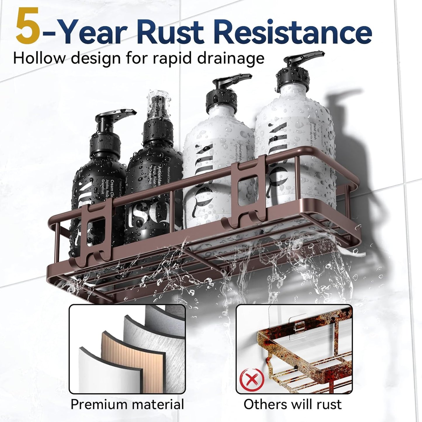 YASONIC Shower Caddy 2 Pack Rustproof Shower Organizer, Large Capacity Shower Shelves for Inside Shower, Bathroom Organizers and Storage with Soap Holder and 12 Hooks, Adhesive Shower Storage Bronze