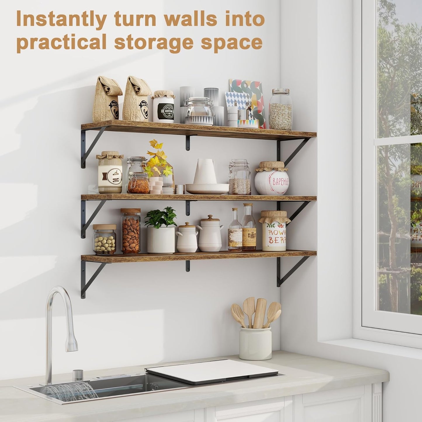 Fun Memories Long Wall Shelves for Bedroom, Set of 3 Large 40-Inch Floating Bookshelves, Rustic Wood Display Shelf for Home and Office (Rustic Brown)