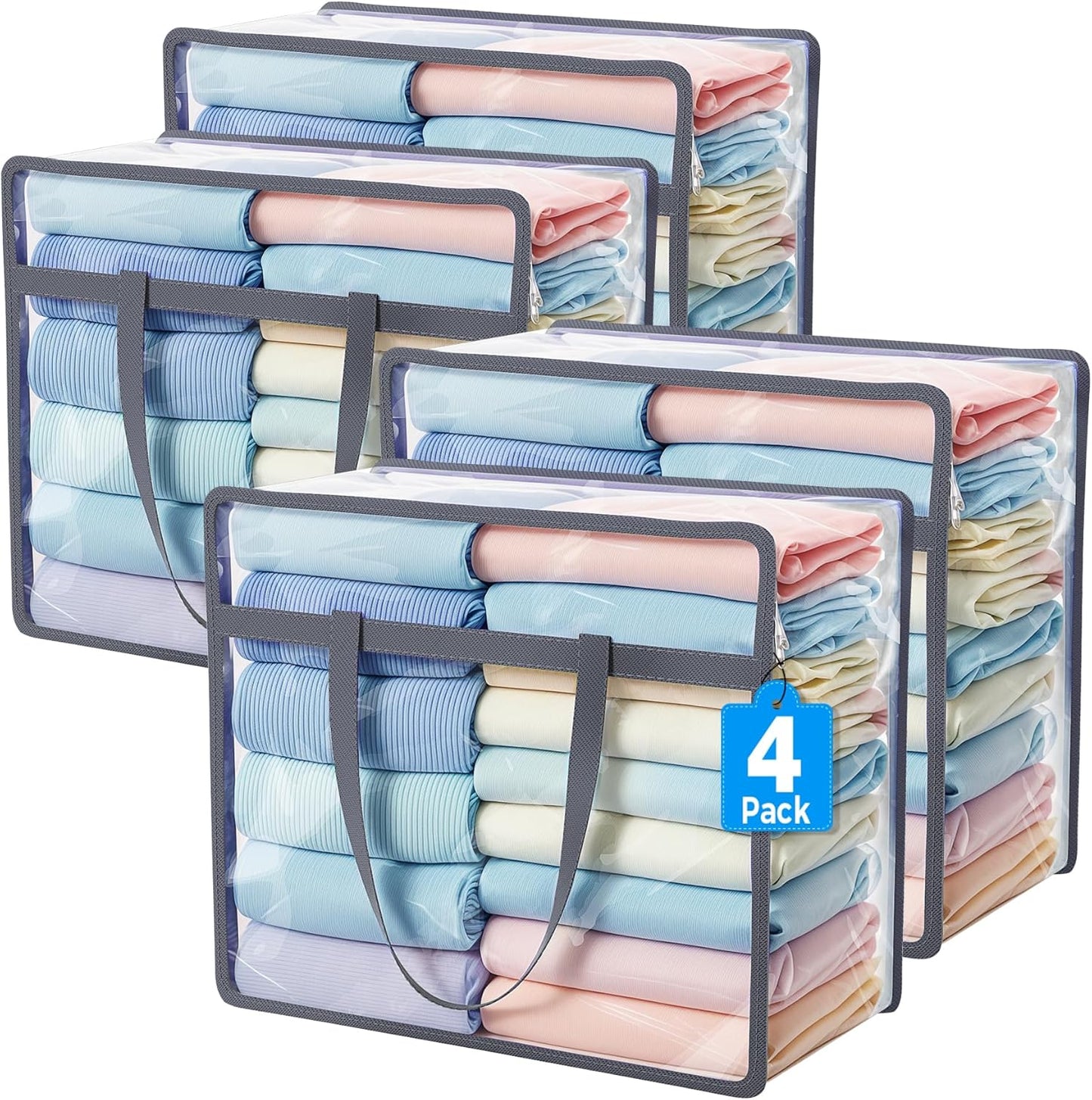 Budding Joy Clear Zippered Storage Bags for Clothes,40L Closet Organizers and Storage Containers Vinyl Moving Bag for Bedding, Linen, Blankets, Comforters, Clothing & Toys, Grey, 4 Pack