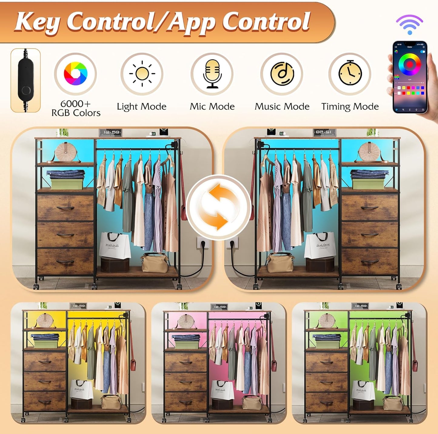 WLIVE 42''W Dresser for Bedroom with Hanging Rack, 3 Drawer Dresser with LED Lights & Charging Station, Fabric Dressers & Chest of Drawers, Storage Organizer with Open Shelves for Living Room, Brown