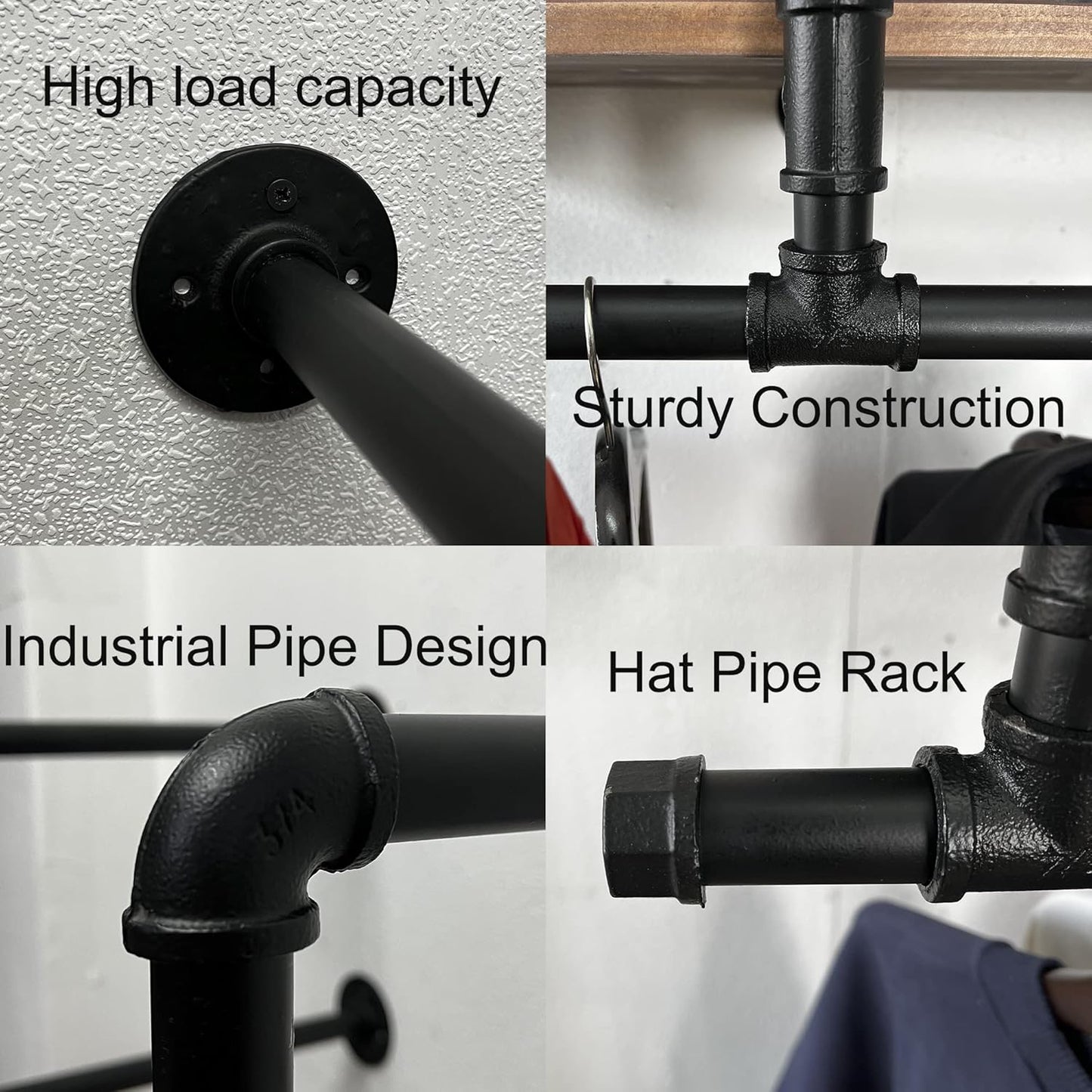 60In Industrial Pipe Clothing Rack with Top Shelf, Space-Saving Wall Mounted Clothes Rack 2 Tiers Pipe Shelves, Shelf with Hanging Rod for Laundry Room, Closet Storage