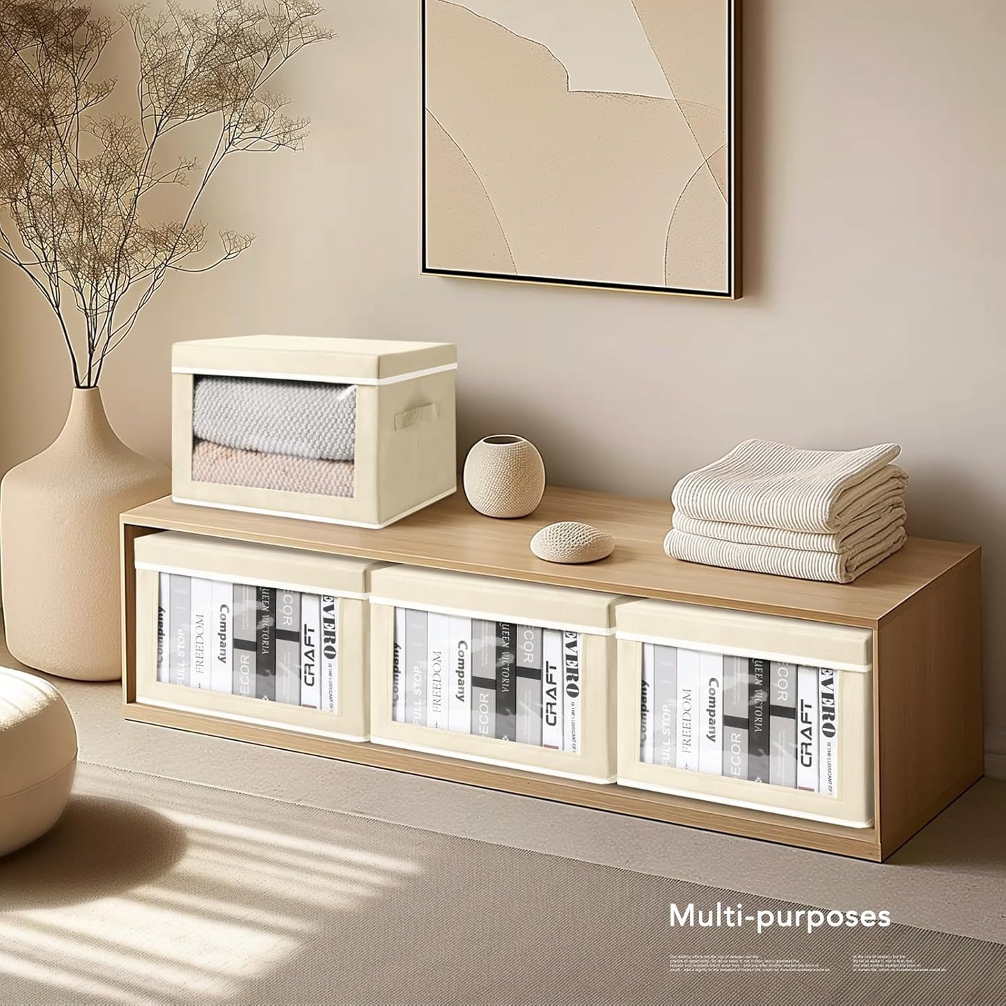 Storage Bins with Lids - Fabric Closet Storage Bins with Window, Collapsible Baskets for Shelves 4 Pack, Home Decorative Boxes for Clothes, Closet, Office, Beige