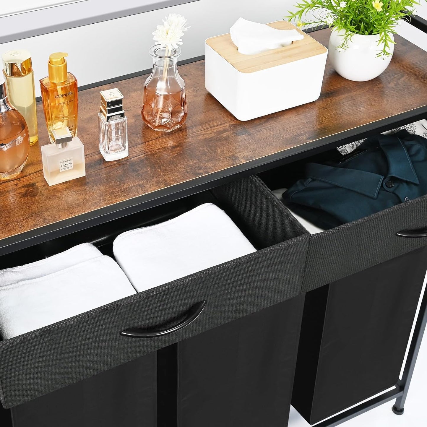 Laundry Sorter 3 Section, 180L Laundry Hamper Basket with Shelf and 2 Drawers, 3 Compartment Clothes Storage Organizer Cart, Pull-Out Removable Oxford Fabric Bags, Black