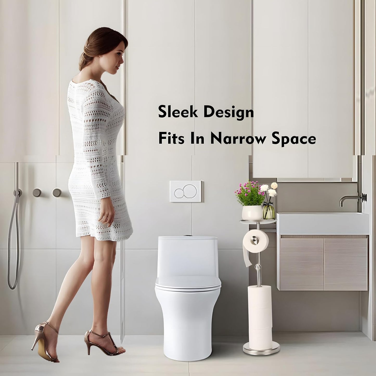 Noonext Toilet Paper Holder with Stainless Steel Tray at The Top for Bathroom, Heavy Base No Tipping Over (Stainless Steel, Brushed Nickel)