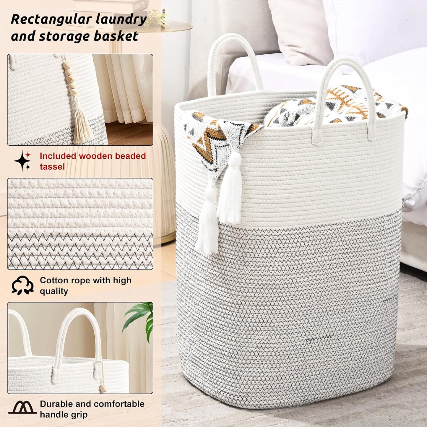 Woven Laundry Basket for Clothes, 65L Large Rectangle Laundry Hampers, Nursery Storage Basket for Toys, Tall Dirty Clothes Hamper for Bedroom Aesthetic, Bathroom, Laundry Room