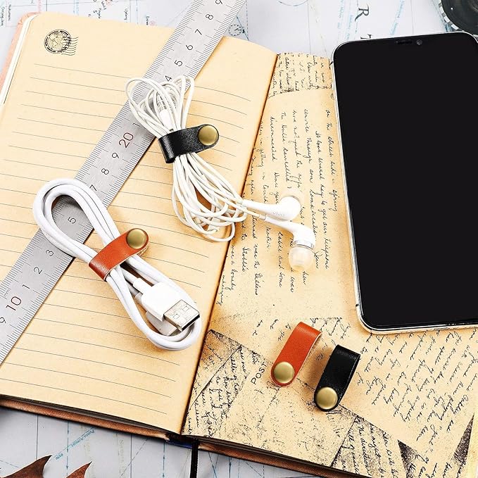 52 Pieces PU Leather Cable Straps, Earbud Cord Organizer, PU Leather Handmade Portable USB Cord Holder, Earphone Cable Tie Cable Management, for Travel, Home, School, Office (Black, Brown)