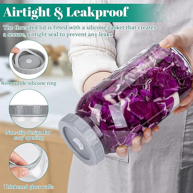 64oz Fermentation Jar Kit with Fermenting Weights and Airlock Lids, Wide Mouth Glass Jars with Scale Mark for Making and Storing Sauerkraut, Pickles (Pack of 1)
