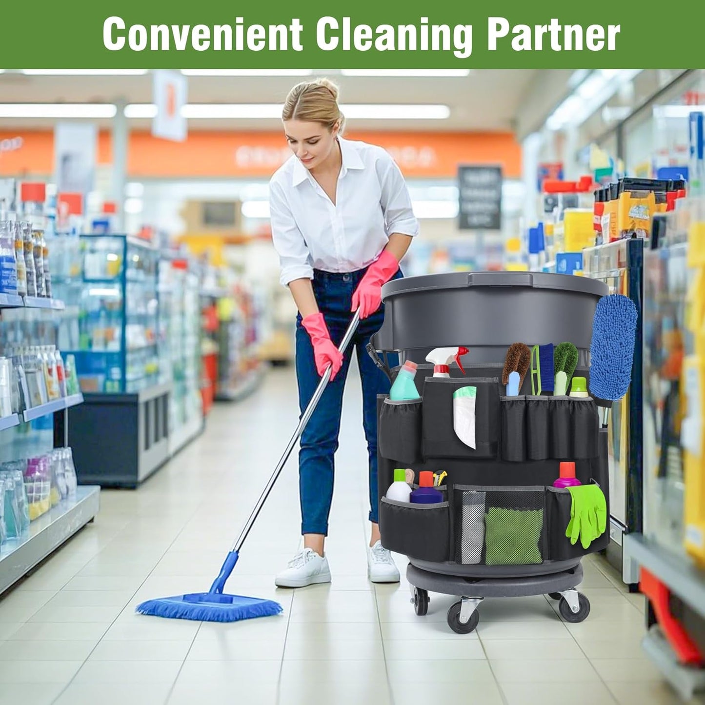 6PCS Trash Can Caddy Bags Fit 32-55 Gallon Garbage Bin, Garbage Bin Caddy Bag with 13 Pockets Compatible with Brute & Uline, Commercial Cleaning Supplies Organizer Bag & Janitorial Duties(6PCS)