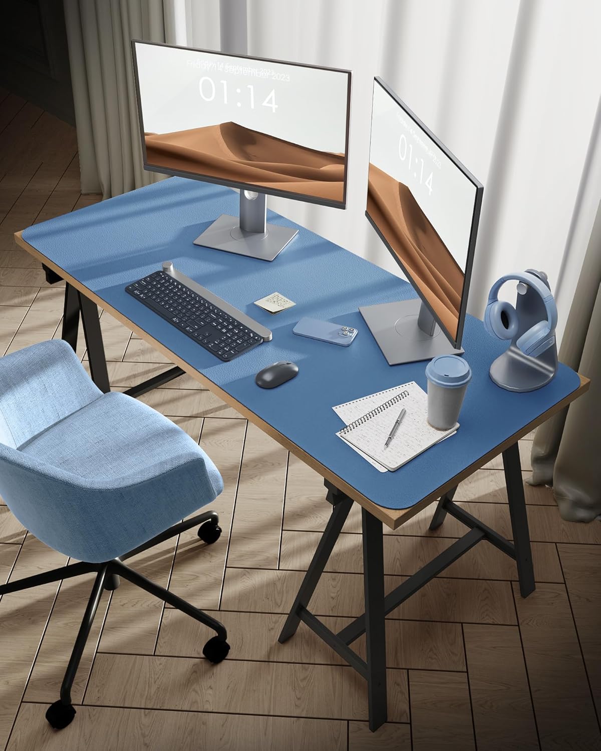 YSAGi Leather Desk Protector, Office Mat, Large Mouse Mat, Non-Slip PU Leather Blotter, Laptop Desk Mat, Waterproof Writing Pad for Office and Home (Sea Blue, 47.2" x 23.6")