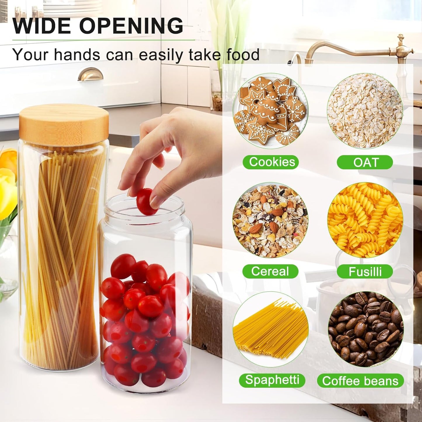 AISIPRIN Airtight Glass Jar with Lid, Glass Storage Containers with Screw On Bamboo Lids, for Cookie, Pasta, Cereal Storage Containers, 5Pcs 80oz 50oz 27oz Canisters Sets for the Kitchen