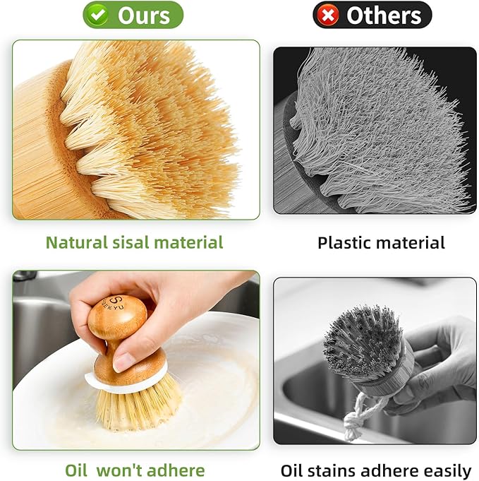 SUBEKYU Bamboo Dish Brush, Kitchen Dish Scrubber Brush, Natural Wooden Dishwashing Brush for Cleaning Dishes/Pans/Pots, Built-in Scraper, Sisal Bristles,1 Set