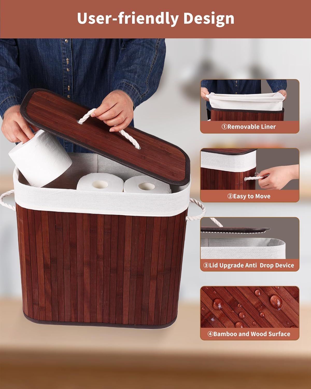 Bamboo Toilet Paper Storage with Lid & Handel, 8 Gallons (30L), Sturdy Toilet Paper Basket, Organizer for Bathroom, Kitchen, Holder with Storage, Brown