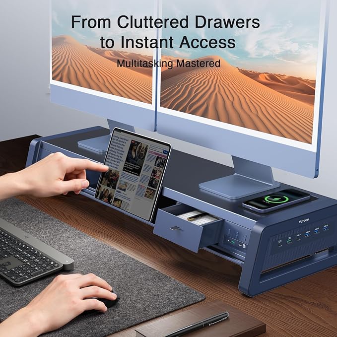 Vaydeer All-in-One Dual Monitor Stand Riser with 2 Drawers, 8USB Ports and Wireless Charging Pad with LED Light Strip for 2 Monitors , Desk Organizer for PC, iMac (Metal, 39.3 inches)