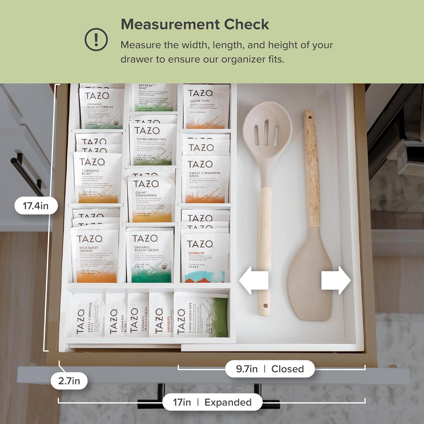 KitchenEdge Tea Bag and Coffee Pod Kitchen Drawer Organizer, Expandable 9.7 to 17 Inches, 10 Storage Compartments, Adjustable Wall Inserts, Non-Slip Feet, Food-Safe White Finish, 100% Bamboo Wood