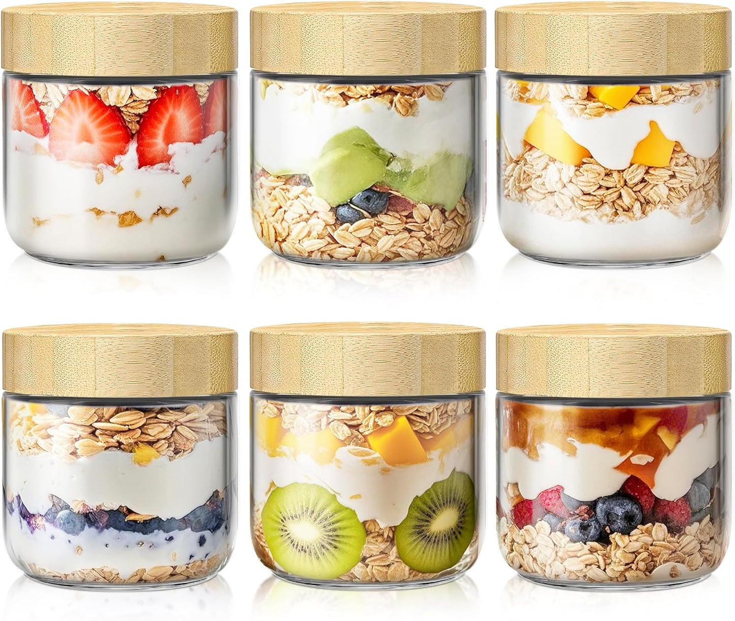 6 Pack 10oz Overnight Oats Containers with Bamboo Lids, Glass Jars with Airtight Lids for Meal Prep, Wide Mouth Mason Salad Jars, Glass Food Storage Container for Yogurt Chia Snacks Spice Sugar