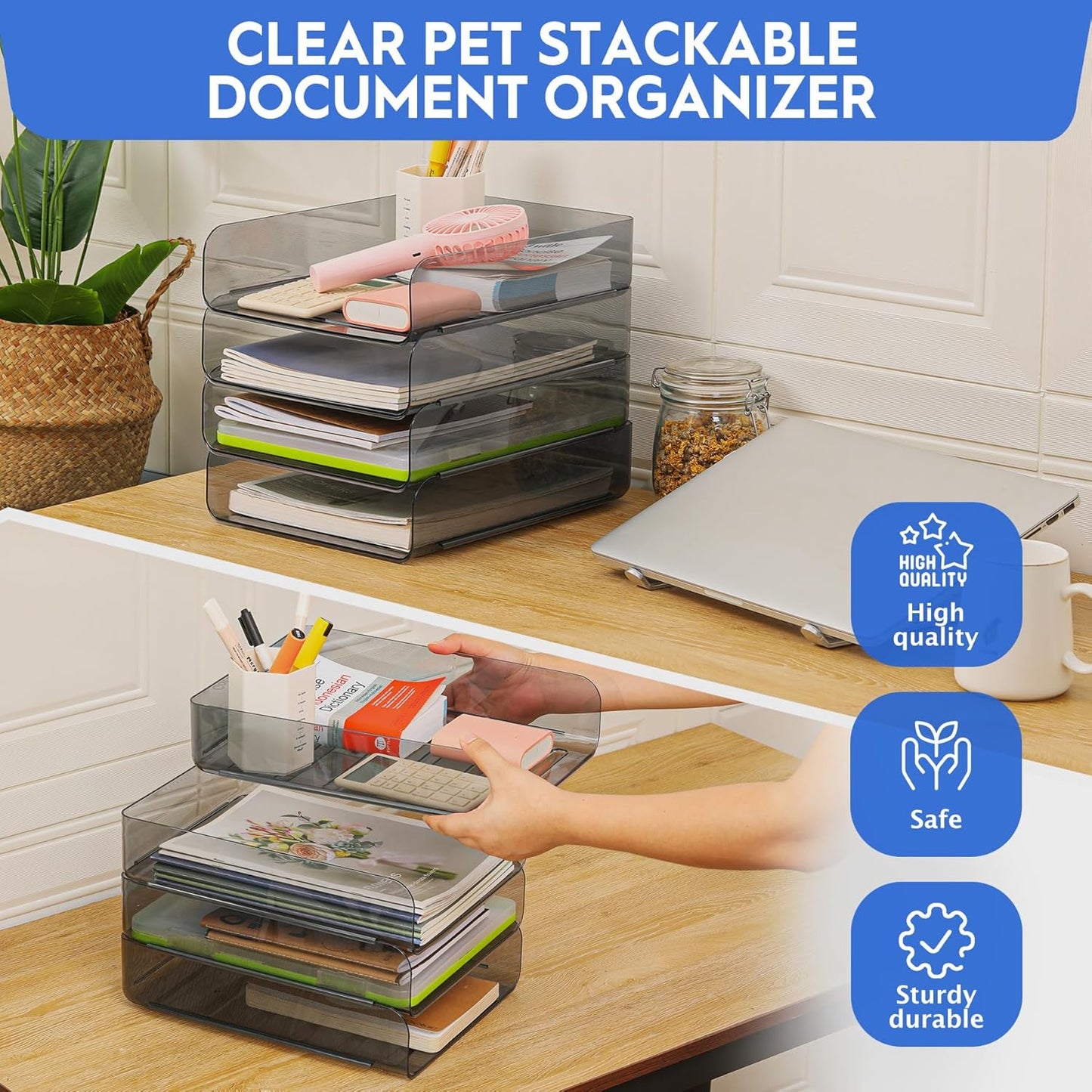 Set of 4 Office Organization and Storage, PET Letter Tray Desk Organizer, Stackable Document Organizer and File Paper Organizer for Office Supplies, Black