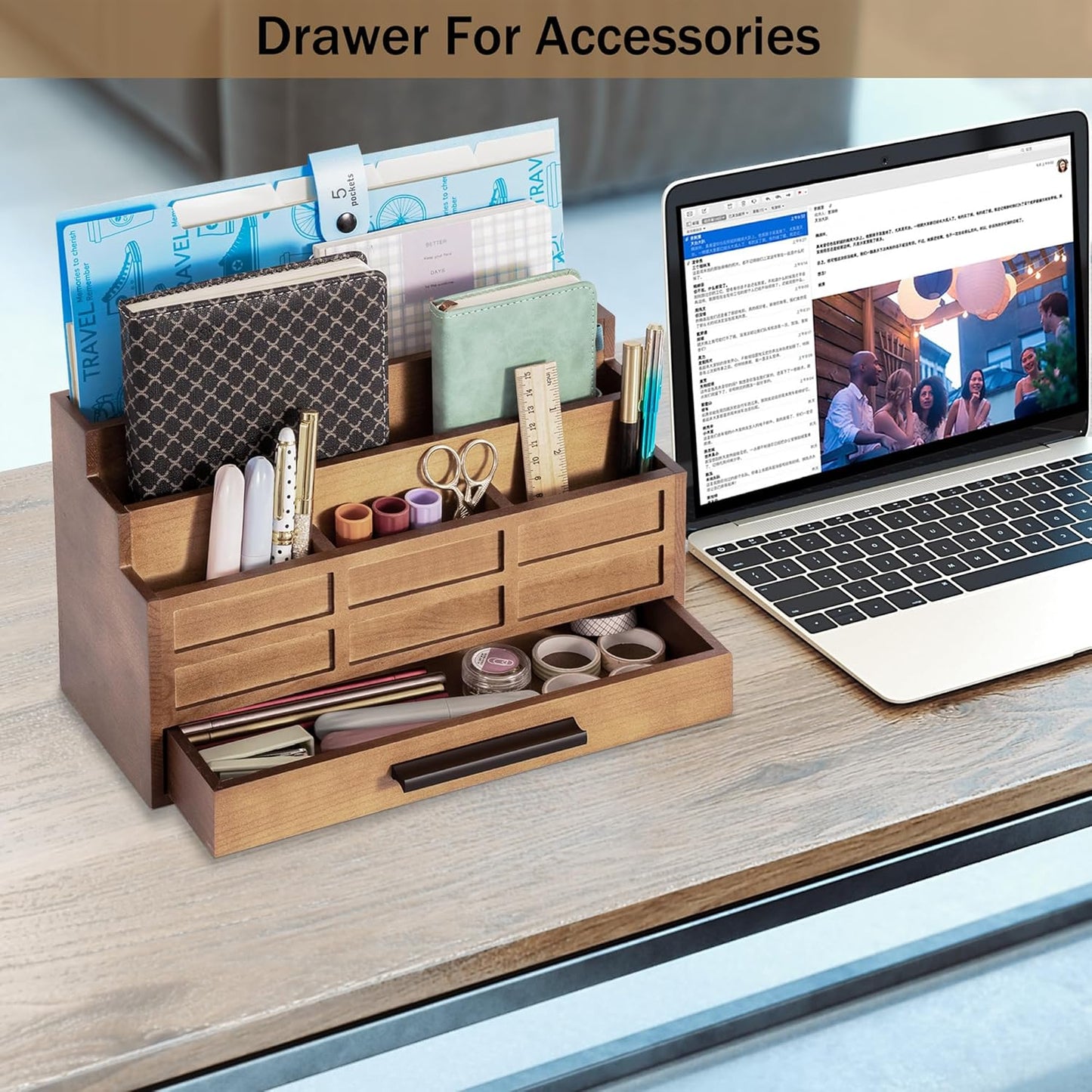 Brown Wood Desk Organizer and Accessories with Drawer, Bill Mail Organizer and File Mail Holder for Office Supplies, Rustic Desk Accessories & Workspace Organizers