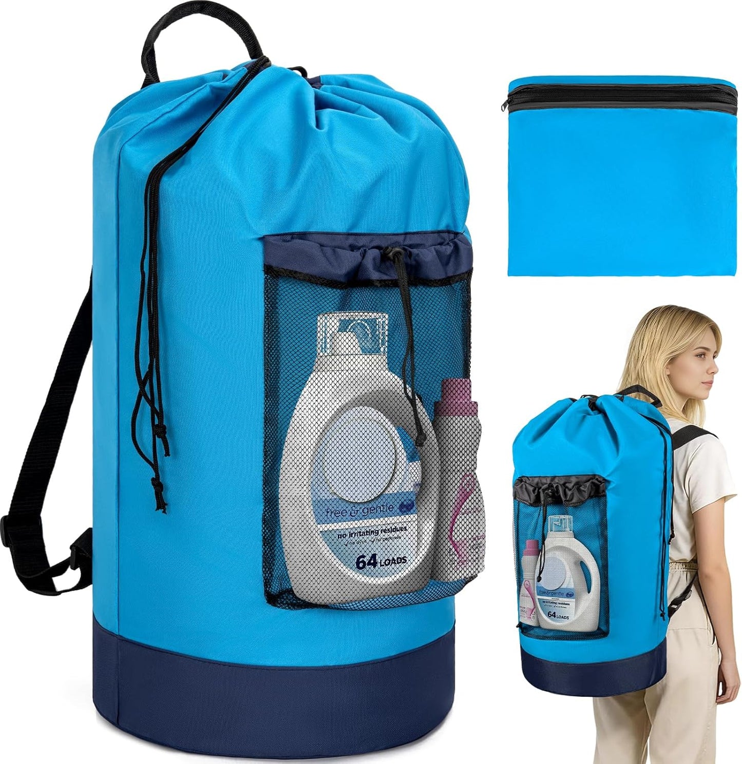Laundry Bag Backpack with Shoulder Straps and Mesh Pocket Foldable Clothes Hamper Bag with Drawstring Closure for College, Apartment, Laundromat (Blue)
