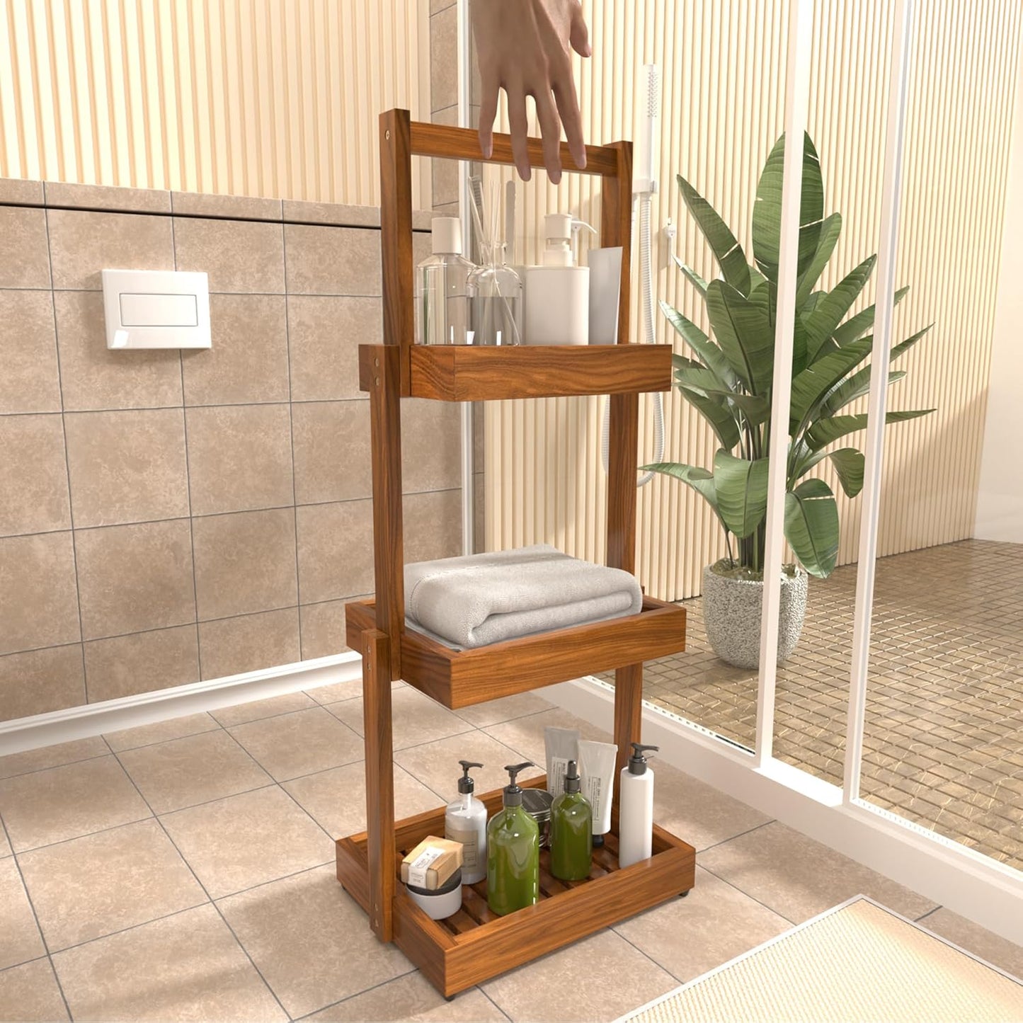 Teak Shower Shelf Bathroom Organizer - 3 Tier Multipurpose Shower Caddy with Non-Slip Base, Rustproof Durable Standing Towel Rack Toilet Paper Roll Holder for Bathroom Livingroom