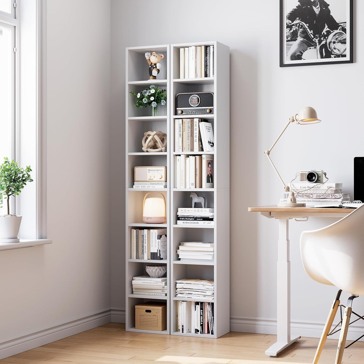 Bamjoy 71 Inches Tall Narrow Bookshelf, 8-Tier CD DVD Slim Media Tower Rack, Corner Bookcase with Adjustable Shelves, Skinny Cubes Bookshelves for Home Office Small Space, White