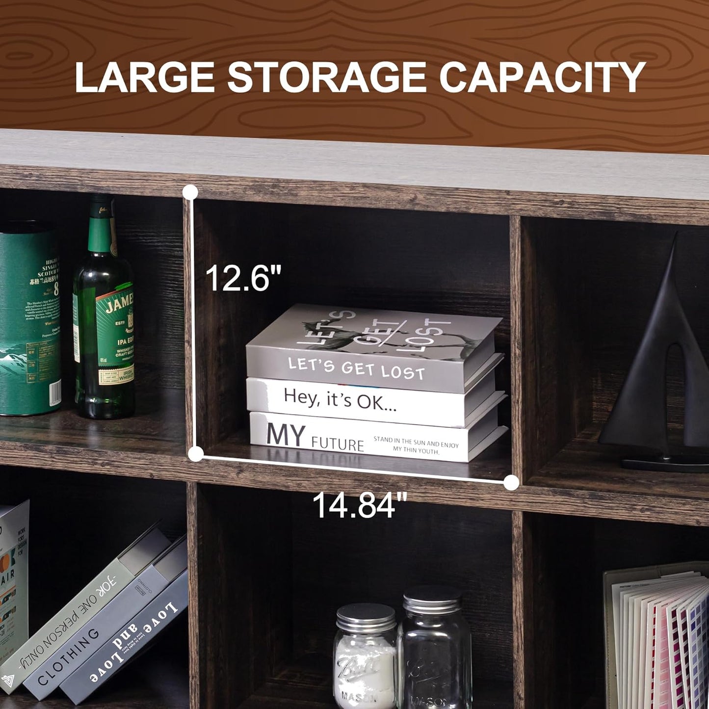 8 Cube Storage Organizer Bookshelf, Industrial Horizontal Bookcase, Accent Cubby Shelf, Media Console Table for Living Room, Home Office, 63 Inches, Dark Grey Oak