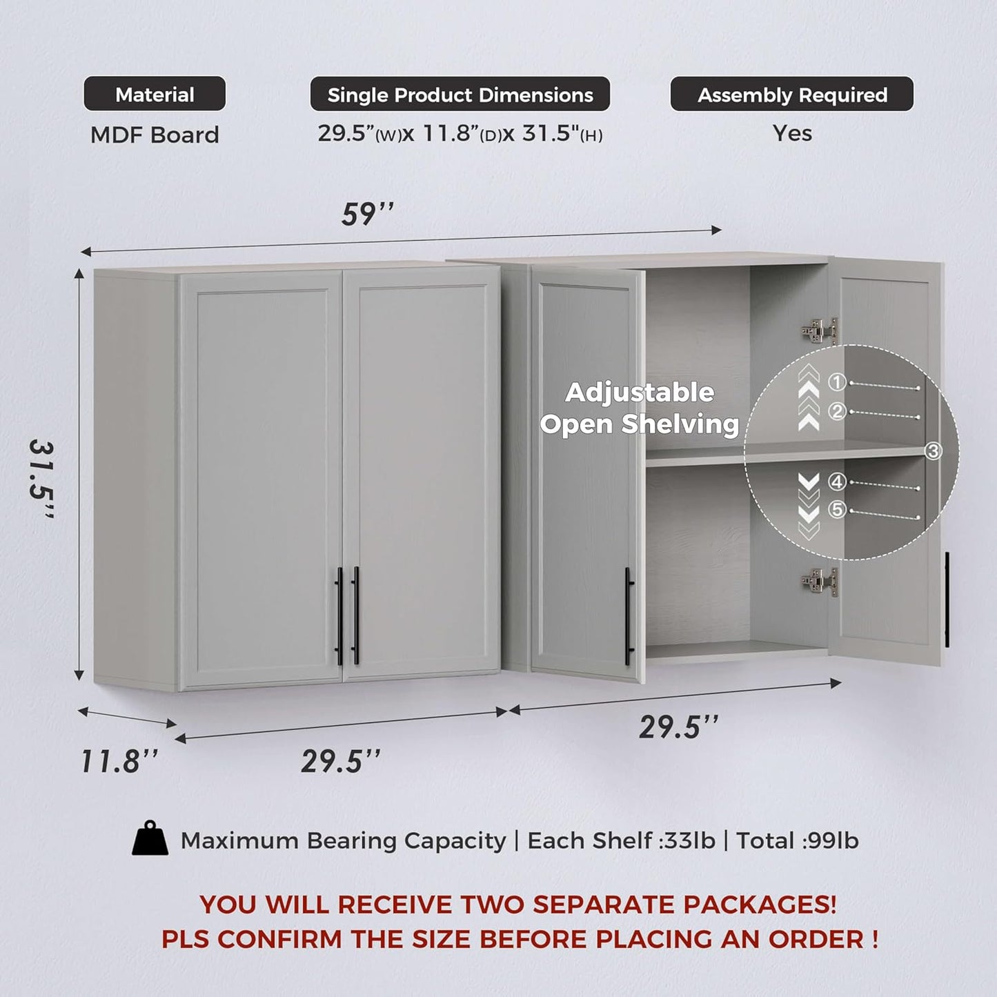 60" W Laundry Room Wall Cabinet with Adjustable Shelf,Wall Mounted Kitchen Cabinets with Two Shaker Doors,Upper Storage for Laundry Room, Bathroom, Kitchen