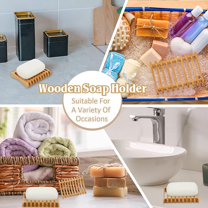 Suclain 3 Pieces Bamboo Soap Dishes Self Draining Wooden Bar Soap Holder for Sponge Dryer Bathroom Toilet Shower Kitchen Restaurant Counter