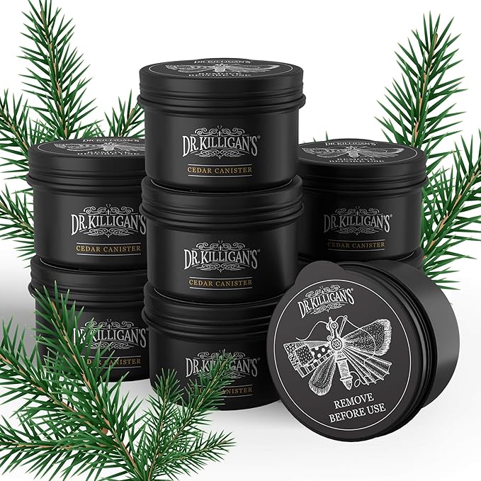 Dr. Killigan's Cedarwood Chip Canisters - Moth Repellent for Closets, Cedar Blocks for Clothes Storage, Drawer Deodorizers, 8 Reusable Tins with Wood Shavings