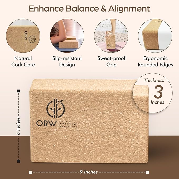 ORW Natural Cork Yoga Block – 9”x6”x3”, 1.5 lbs – Heavyweight, Non-Slip, Eco-Friendly – Dense Yoga Prop for All Levels
