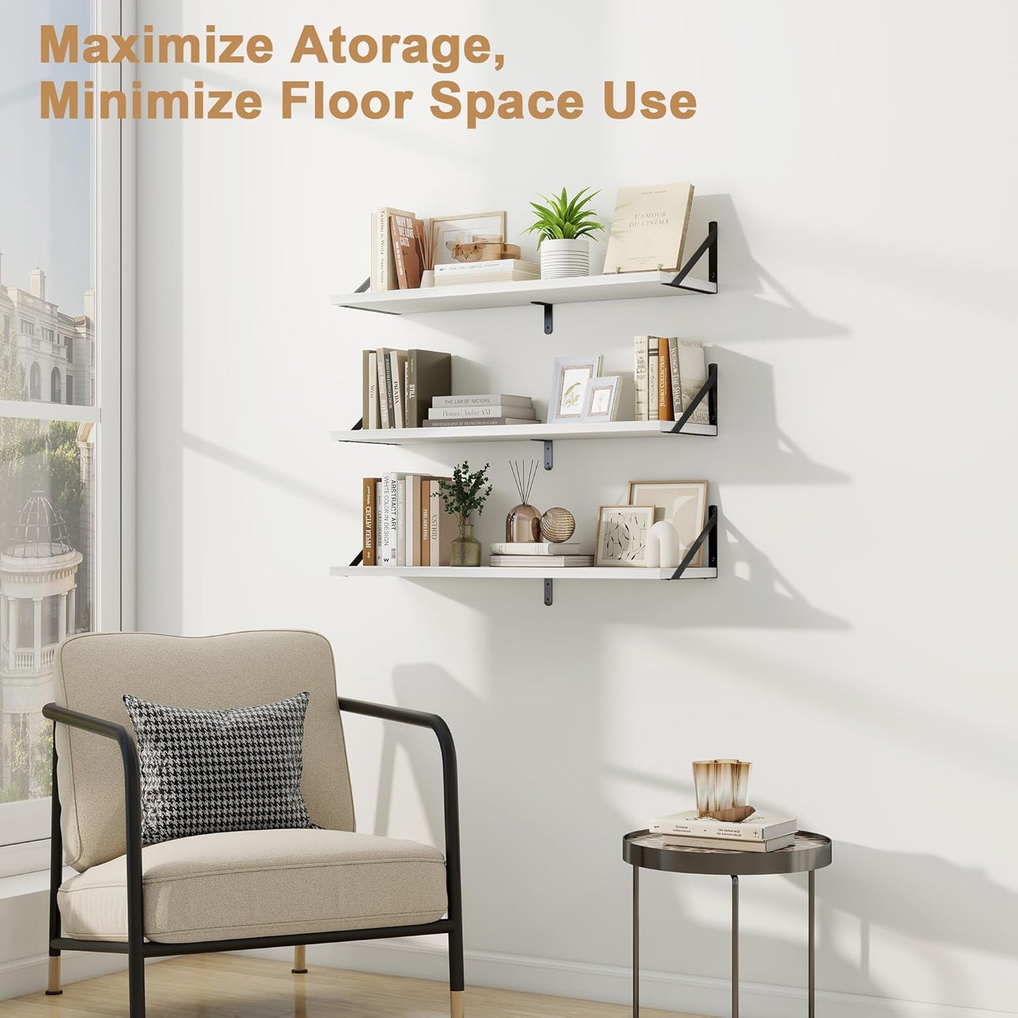 Fun Memories Floating Shelves, 32 x 8 Inches, Set of 3 Wall-Mounted Bookshelves with Metal Brackets, Decorative Storage for Home and Office (White)