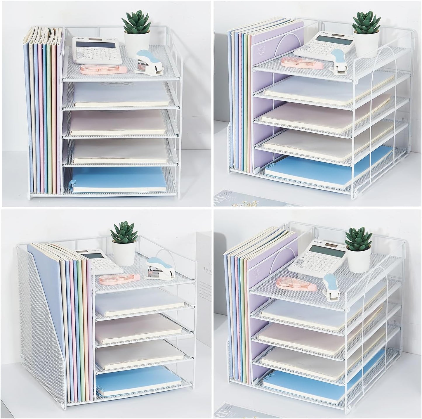 Desk Organizers and Accessories, 5-Tier Paper Letter Tray Organizer with File Holder, Desktop Organizer for Office Supplies (White)