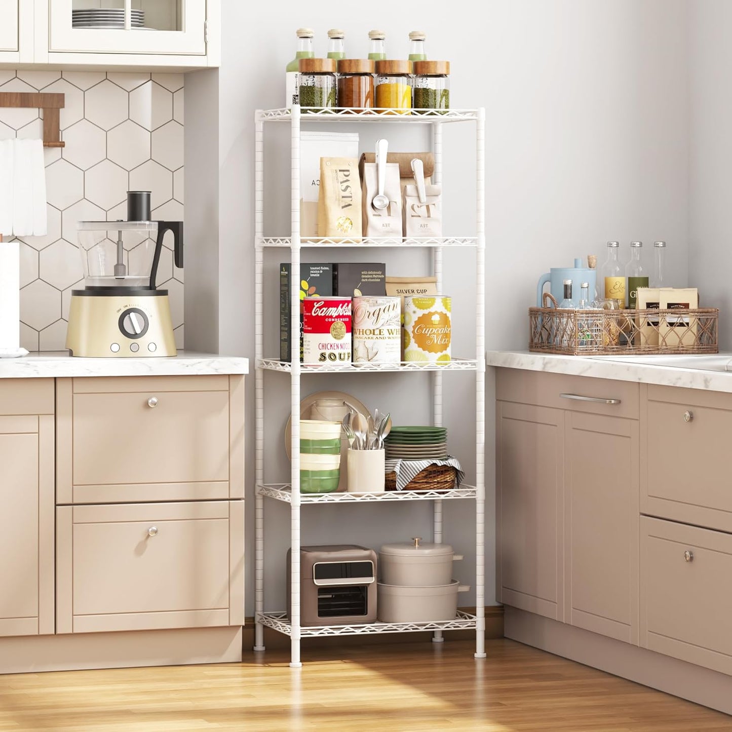 HOMEFORT 5-Shelving Unit, Adjustable Wire Shelving, Metal Wire Shelf Rack Organizer for Kitchen, Pantry, Closet, Bathroom, Laundry, White,21" W x 11" D x 53" H