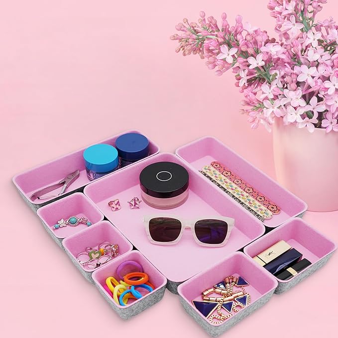 Welaxy desk drawer organizers tray felt storage bin caddy for home office suppliers makeup crafts pens decluttering 8-piece holiday gift solution (Light pink)