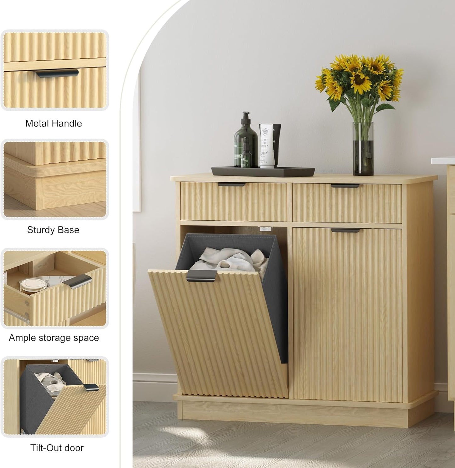 Natural Double Tilt Out Laundry Hamper Cabinet Laundry Basket Cabinet Hidden Laundry Hamper with 2 Drawers & 2 Baskets for Bathroom Bedroom,30x30x16in