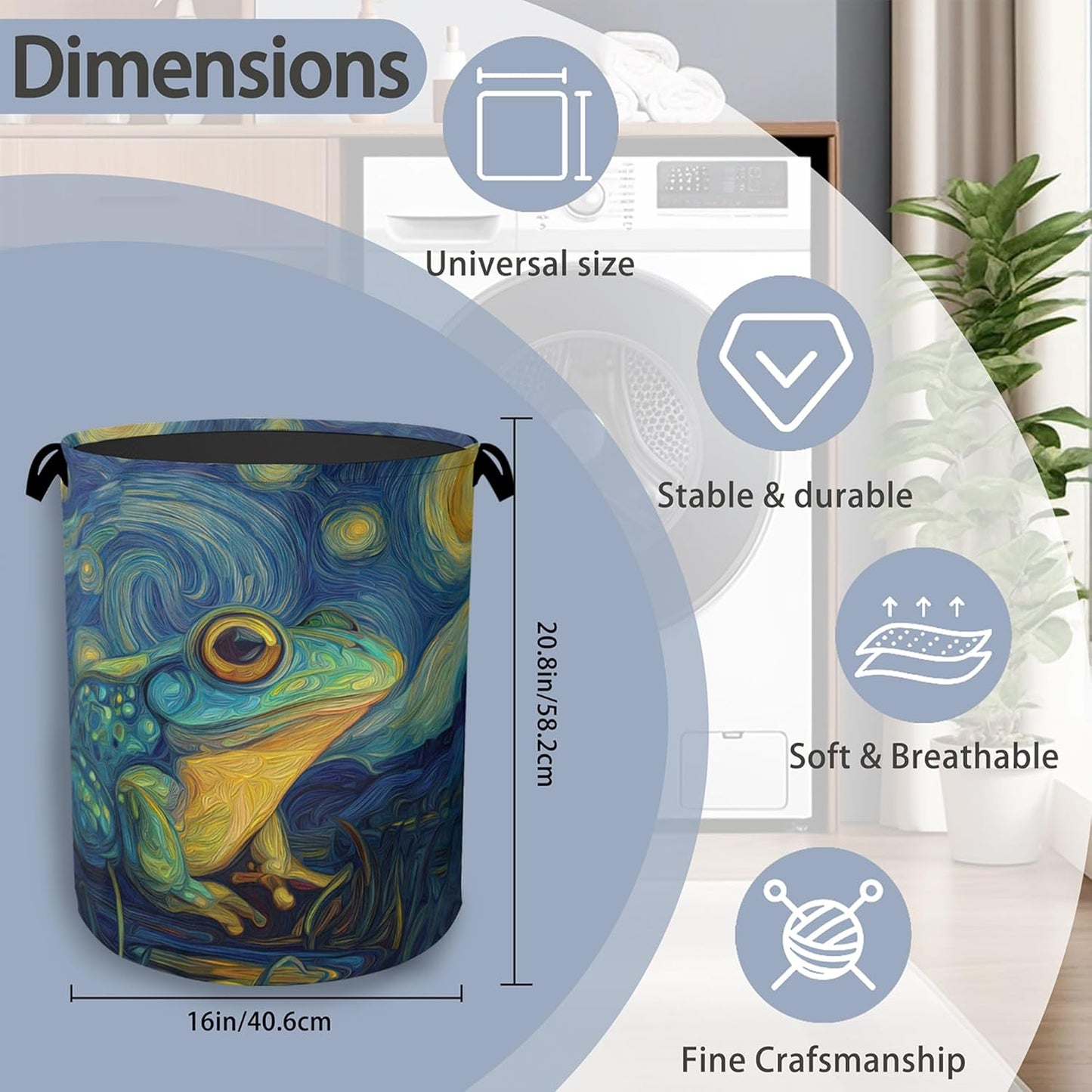 Frog Laundry Basket,Starry Night Moon Foldable Oxford Cloth Tote Bag Laundry Hamper Clothes Storage Bucket Organizer for Bedroom Laundry Storage Dormitories 16" x 20.8"