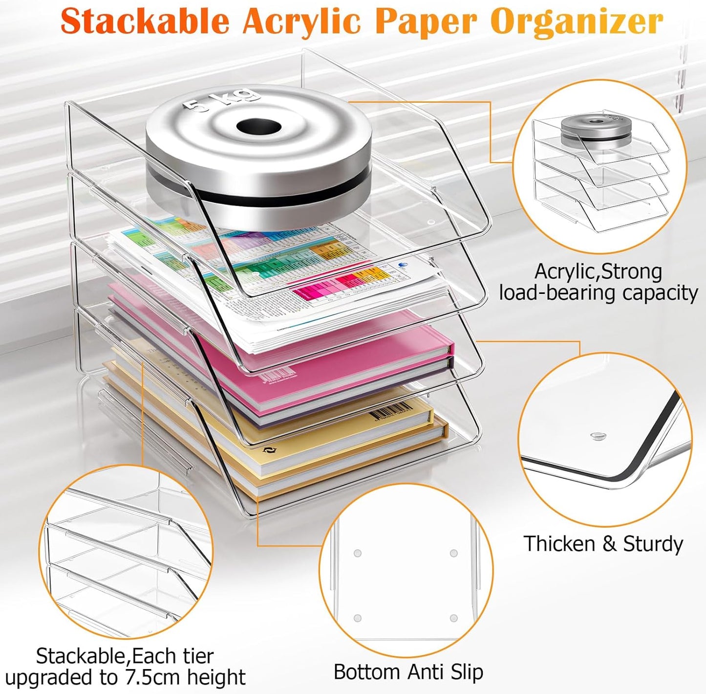 YKLSLH 4 Tier Paper Organizer Letter Tray - Acrylic Stackable Desk File Organizer, Clear Paper Sorter Office Organizer for Letter/A4, Office File Ipad Books Notes Etc