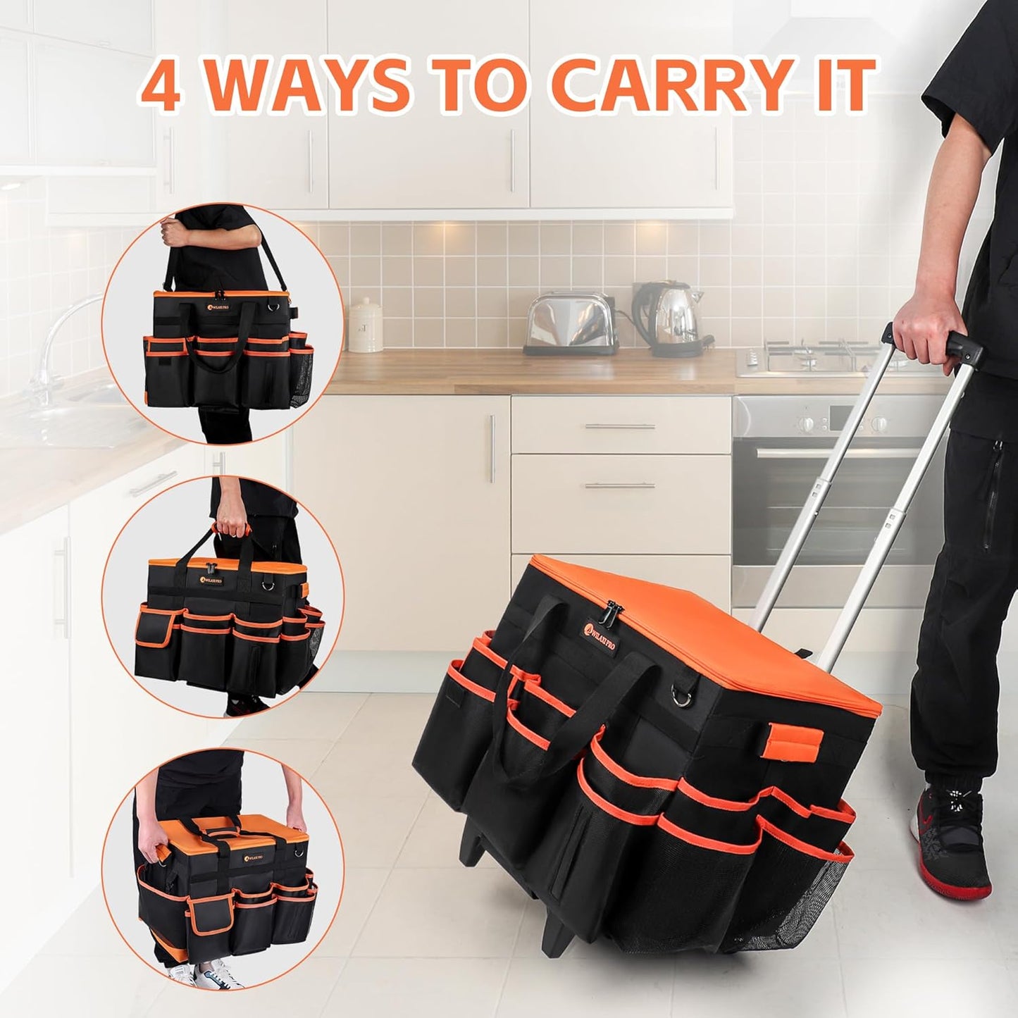 ﻿WILAXI PRO Large Rolling Cleaning Caddy with Wheels and Detachable Trolley, Extra Large Water-Resistant Cleaning Cart for Housekeepers, Cleaning Supplies Organizer with Multi-Pockets Tools Storage