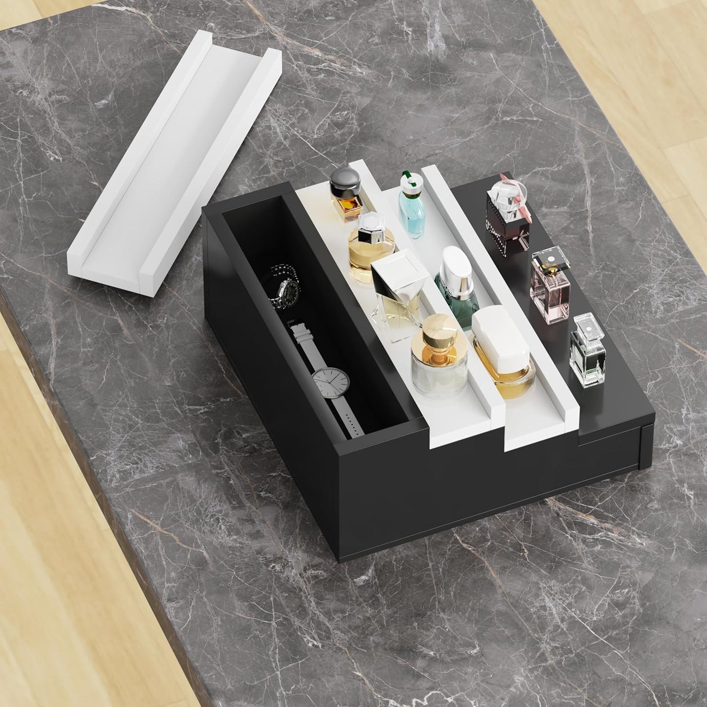 Blisse Cologne/Perfume Organizer, 4-Tier Storage Drawer with Hidden Compartments, Soft-Lined Display Case (Black with White)