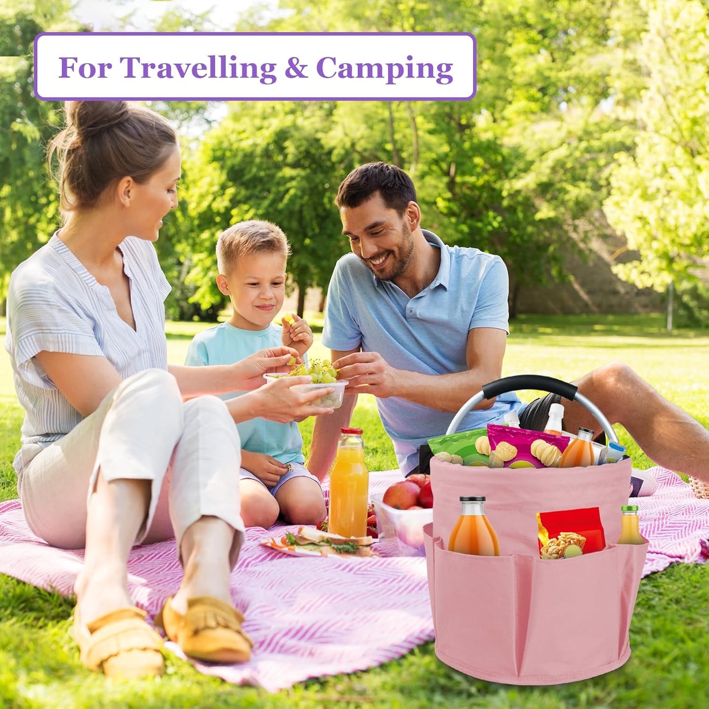 17L Portable Shower Caddy with 6 Side Pockets, Foldable Cleaning Supply Caddy with Handle, Garden Tool Bag in 600D Oxford Fabric, Multifunctional Storage Basket for Showers, Picnics, Pink