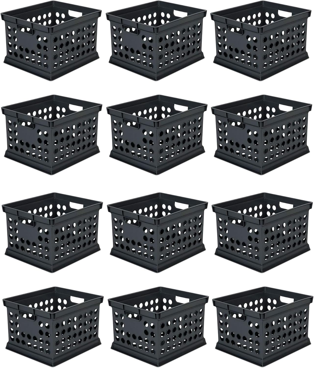 Sterilite Stackable Plastic Storage Crate Bin Organizer File Box with Handles for Home, Office, Dorm, Garage, or Utility Organization, Black, 12-Pack